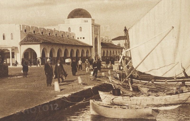 Greece, Rhodes The Mandraki Harbour, New Market during Italian occupation, 1930 circa