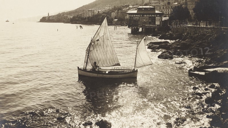Jugoslavia, Croatia, Abbazia Harbour, today's Opatija with Italian Billboard advertisment on the background, 1910 circa