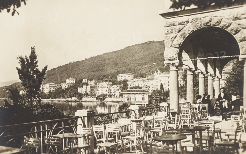 Jugoslavia, Croatia, Abbazia, terrace of a café or a hotel overlooking the sea, 1920 circa