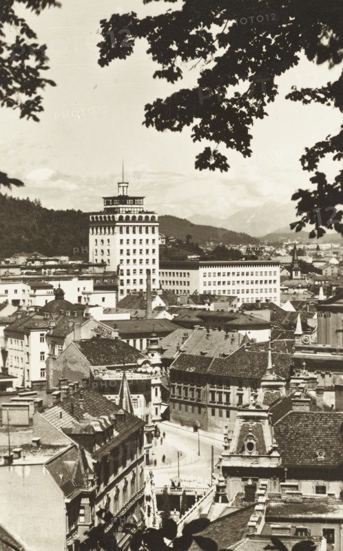 Slovenia, city view of Lubiana with Neboticnik skyscraper, 1940 circa