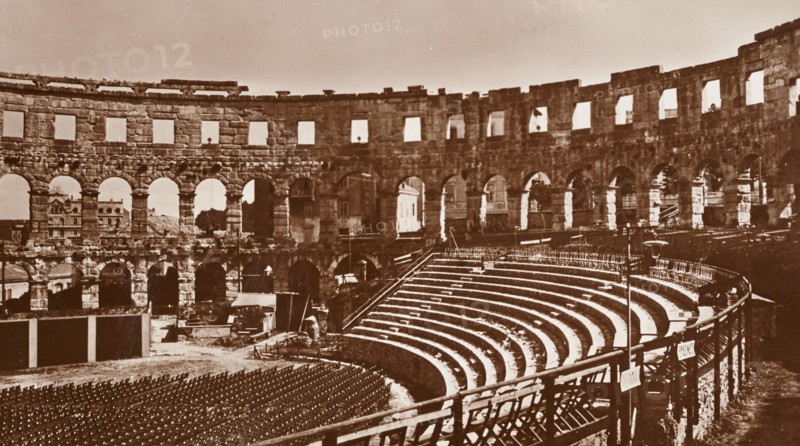 Croatia, view from the inside of the Pula arena, settled for opera concert, 1950 circa