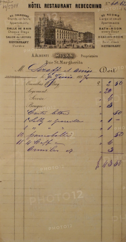 Milan hotel bill to Serov Valentin (1865-1911)