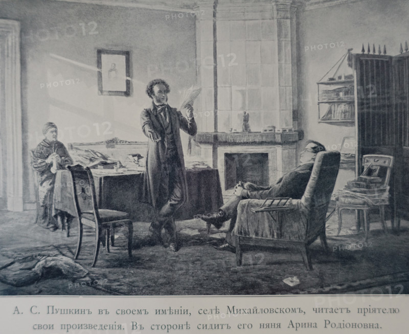 The poet Alexander Sergeevich Pushkin (1799-1837) reads his works to a friend