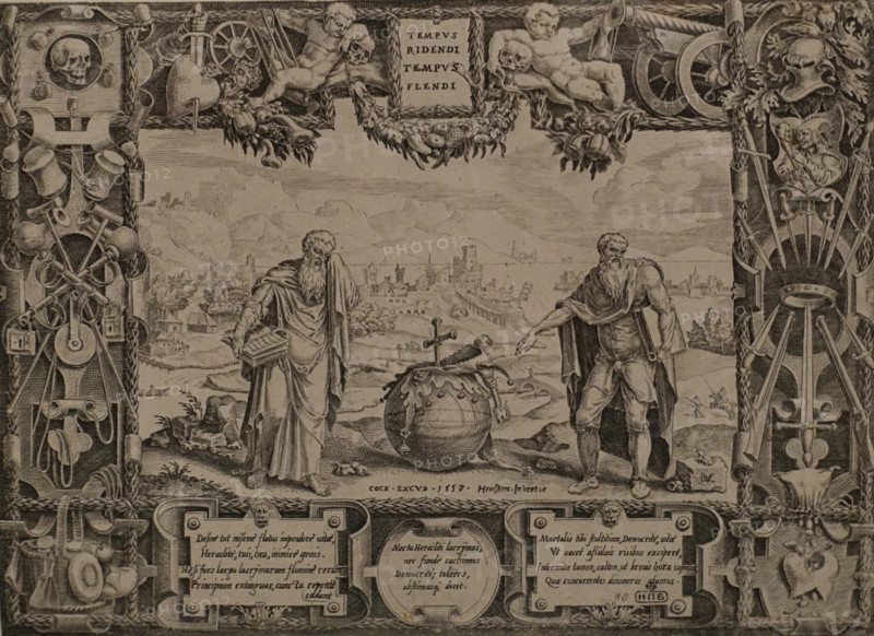 The ancient Greek philosophers Democritus and Heraclitus