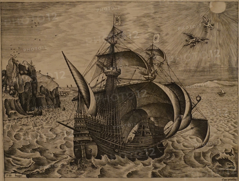Armed three-masted ship and the scene of Icarus's fall