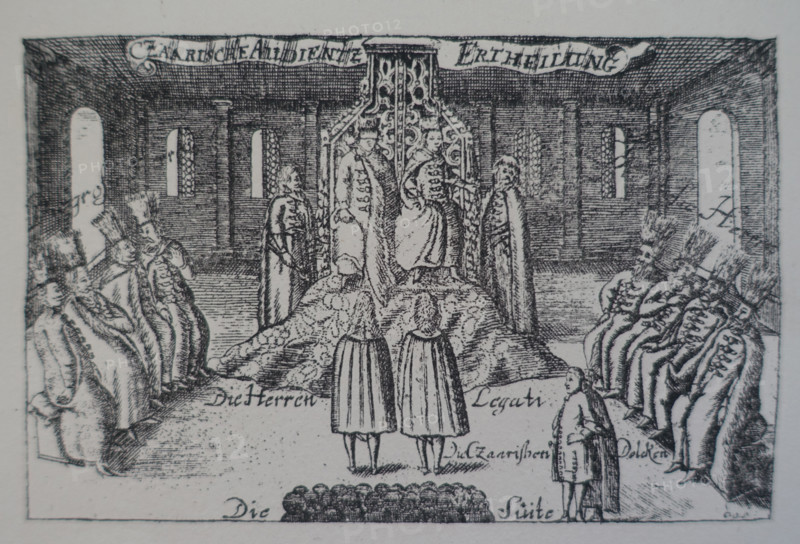 Tsar Ivan Alekseevich (1666-1696) and Tsar Peter Alekseevich (1672-1725) sit on the same throne and receive ambassadors