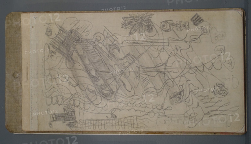 Notebook number  70-71 with rough notes and drawings of the poem 'At the Top of My Voice'
