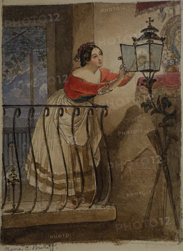 Italian Woman Lighting up Oil Lamp in Front of the Icon of the Virgin Mary