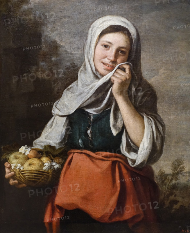 Peasant girl with a basket of fruits and flowers