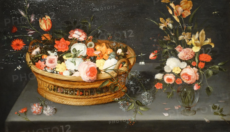 Basket of Flowers and a Bouquet in a Vase