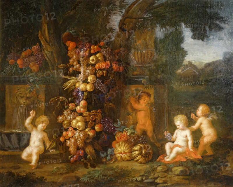 Garland of Fruit and Vegetables with Putti Figures in a Park Background