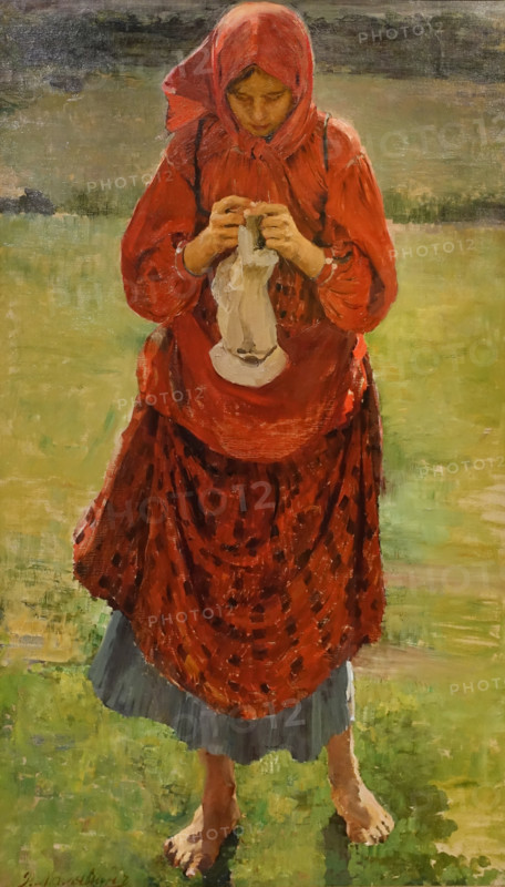 A Peasant girl knitting a stocking