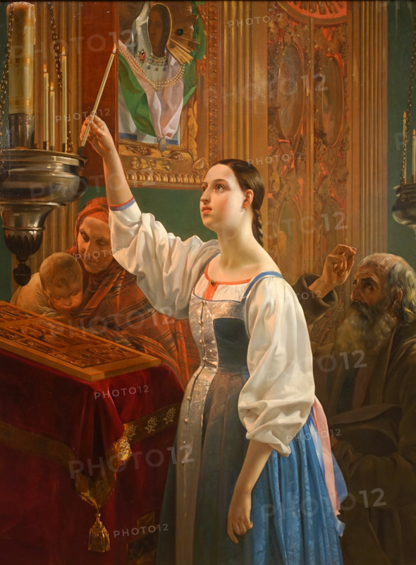 A Girl Putting a Candle before the Icon