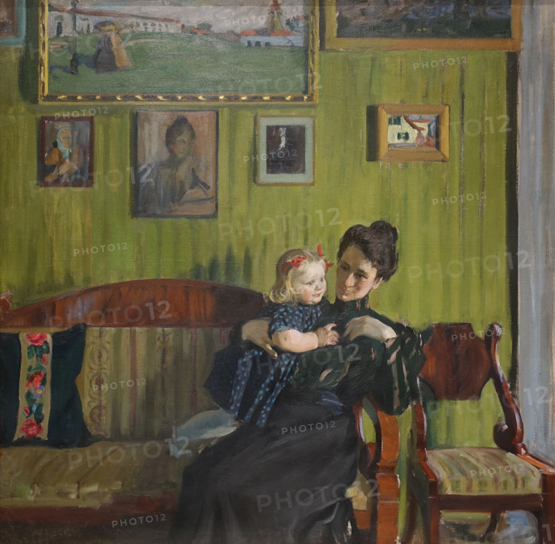 Portrait of artist wife Yulia Kustodieva with daughter Irina