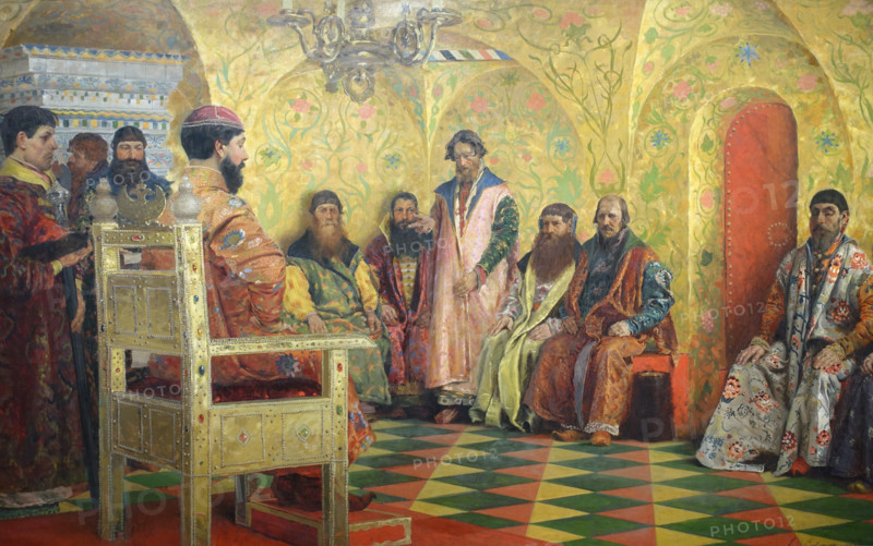 Tsar Mikhail Fyodorovich holding consul with boyars in his Royal Chamber
