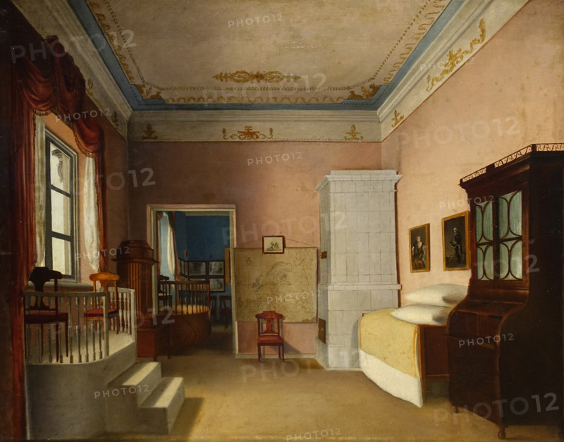 Room with a stepped platform in front of a window