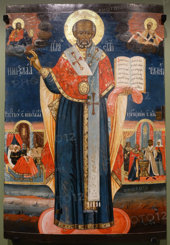 Saint Nicholas the Wonderworker with the scenes of Nativity and Baptism