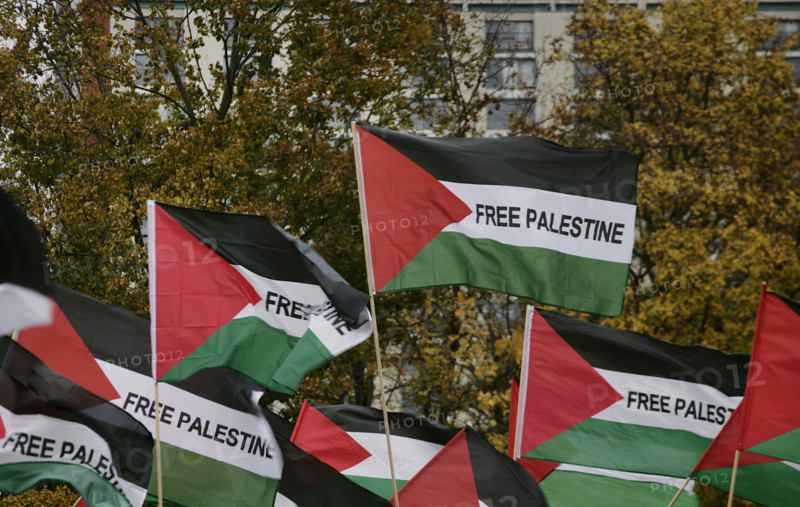 Palestinian flags during a protest demonstration against Israeli bombing in Gaza. Berlin, Germany, 25 October 2025.