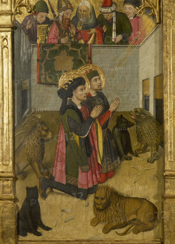 Jaume Huguet (ca. 1412-1492). Spanish painter. Altarpiece of saints Abdon and Sennen, 1458. Panel with depiction of Abdon and Senen in prayer among lions and bears. Oil on board. Terrassa Museum (See of Egara). The Churches of Sant Pere. Province of Barcelona. Catalonia, Spain.