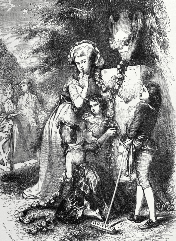 Marie Antoinette (1755-1793). Queen consort of France by her marriage to Louis XVI of France. She was sentenced to death on 16 October 1793. Marie Antoinette and her children at Trianon. Engraving by Tony Johannot. ""Galeria Universal"", 1868.