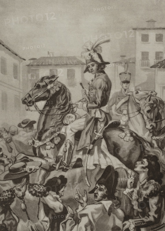 Madrid, Spain. Napoleonic Invasion. The Marshal of the Empire Joachim Murat (1767-1815) daily appeared in public surrounded by his imperial guard, reviewing his troops every Sunday at the Prado. On Sunday, 1st May 1808, after passing through the Puerta del Sol, the crowd whistled and shouted at him. "".. as Murat passed by with his luxurious General Staff, the Manolos gathered there whistled at him incessantly"". Los guerrilleros de 1808. Historia popular de la Guerra de la Independencia, by Enrique Rodriguez-Solis. Volume I. Published in Madrid, 1930.