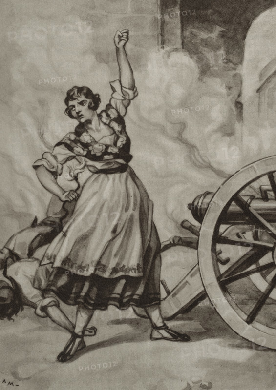 Agustina Zaragoza Domenech (1786-1857). Heroine of the Peninsular War (1808-1814), during the first siege of Saragossa. Known as Agustina of Aragon. She fought against the French troops in the defence of the bastion of Portillo, in Saragossa. Agustina de Aragon contributed to the defence by encouraging the artillerymen and bringing them ammunition and food. The corporal in command of the Portillo artillery battery was wounded, as were the rest of the soldiers at the position. As the battery was exposed to be captured by the French, Agustina fired using one of the cannons. Some wounded artillerymen were able to help her while reinforcements arrived, keeping the position and forcing the enemy to retreat. 2 July 1808. Los guerrilleros de 1808. Historia popular de la Guerra de la Independencia, by Enrique Rodriguez-Solis. Volume I. Published in Madrid, 1930.