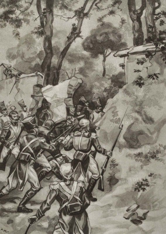 Peninsular War (1808-1814). On the morning of 1st December 1808, the French dragoons appeared in front of Madrid. At midday Napoleon arrived at Chamartin, a town a league away from the capital, settling in the palace of the Duke of Infantado. On the 3rd Napoleon himself, from a house on the hill of Maudes, led the attack on Madrid. When Napoleon noticed a resistance he had not counted on, he ordered the cannons to open fire against the walls of the Retiro, which dominated Madrid and whose defense had been neglected. Once the breach in the walls was opened, the soldiers of Villatte rushed through it, seizing the Real Fabrica de Porcelana Porcelain Factory (Royal Buen Retiro Porcelain Factory), the palace and the Observatory, moving along the Prado. ""Once the breach was opened in the weak walls of the Retiro, the Villatte column rushed through it..."" Los guerrilleros de 1808. Historia popular de la Guerra de la Independencia, by Enrique Rodriguez-Solis. Volume I. Published in Madrid, 1...