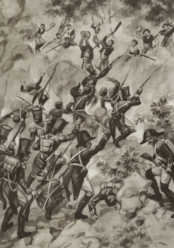 Peninsular War (1808-1814). Guerrilla warfare against the Napoleonic army. ""...Fighting from cliff to cliff, from height to height, from mountain to mountain"". Los guerrilleros de 1808. Historia popular de la Guerra de la Independencia, by Enrique Rodriguez-Solis. Volume I. Published in Madrid, 1930.