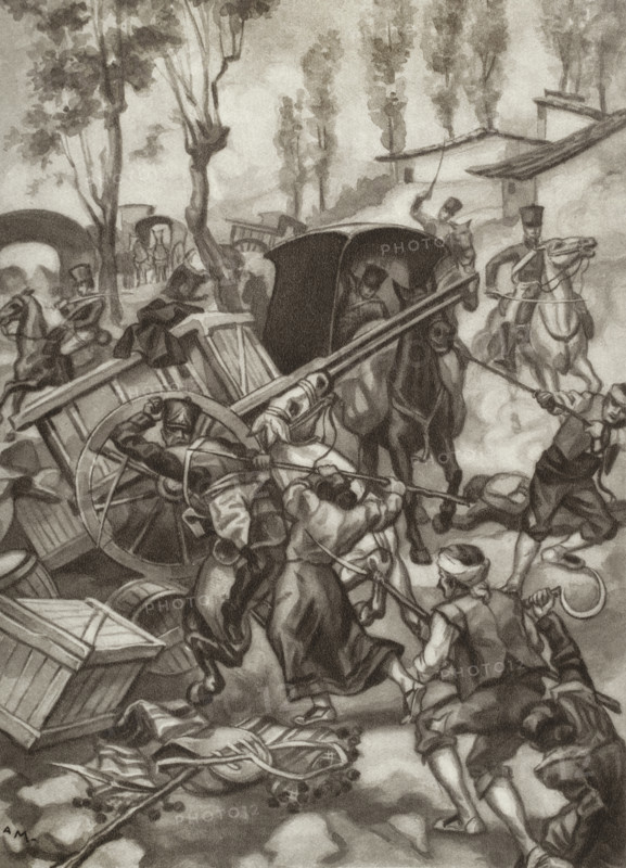 Peninsular War (1808-1814). Guerrilla fighters in the Aragonese Iberian Mountain ranges. Assault of a French convoy on its way to Teruel, 1810. ""...the people of Cella came and threw themselves upon them..."" Los guerrilleros de 1808. Historia popular de la Guerra de la Independencia, by Enrique Rodriguez-Solis. Volume I. Published in Madrid, 1930.