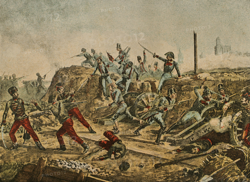 Peninsular War (1808-1814). Second siege of Gerona (24 July to 16 August 1808). In their first attempt to take the city, Duhesme's troops finally had to retreat, attacked by a Spanish army that came to the city's rescue and by a column of the besieged, who made a sortie. In the second siege, the French, commanded by General Honore Charles Reille (1775-1860), planned a new attack but failed to take the city. The Napoleonic troops led by Guillaume Philibert Duhesme, were defeated. Sortie of the garrison of Gerona. Chromolithography. El Grito de Independencia (The scream for independence), by Carlos Mendoza. Published in Barcelona, 1890.