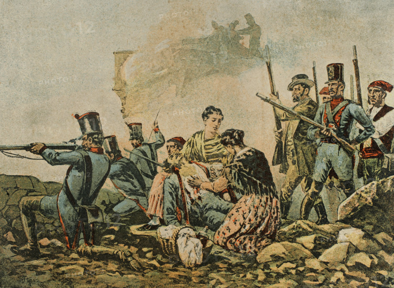 Peninsular War (1808-1814). Third Siege of Gerona (6 May to 12 December 1809). The city was besieged for seven months under the command of General Alvarez de Castro. It capitulated on 12 December 1809. 19 September in Gerona. Chromolithography. El Grito de Independencia (The scream for independence), by Carlos Mendoza. Published in Barcelona, 1890.