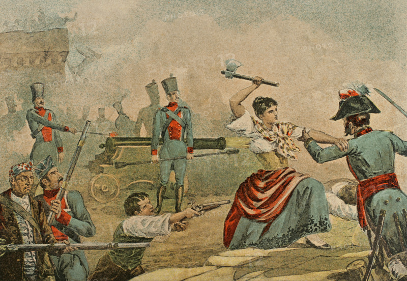 Catalonia, Spain. Peninsular War (1808-1814). Siege of Tarragona (1811). It confronted the French troops under the command of General Suchet against the Spanish troops led by Juan Senen de Contreras, military governor of the city. The fighting took place between 5 May and 29 June 1811, ending with the French occupation of the city. Tarragona remained under French control until Suchet's retreating on 13 August 1813. ""She struck him a terrible blow to the head"". Chromolithography. El Grito de Independencia (The scream for independence), by Carlos Mendoza. Published in Barcelona, 1890.