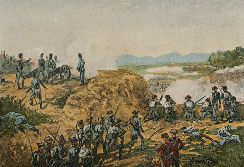 Peninsular War (1808-1814). Battle of San Marcial (Province of Zamora, 31 August 1813). The fourth Spanish army of Galicia, under the command of General Freire, pushed back the troops of Marshal Soult, who had launched the offensive against the Allied army led by Arthur Wellesley (future Duke of Wellington). Chromolithography. El Grito de Independencia (The scream for independence), by Carlos Mendoza. Published in Barcelona, 1890.