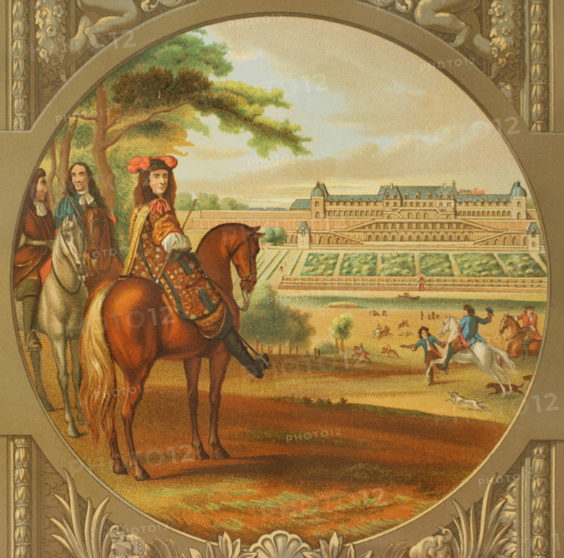 Louis XIV, known as ""the Sun King"" (1638-1715). King of France (1643-1715). Louis XIV, next to Turenne, taking part in a bird hunting, with a view of Chateau-Neuf (royal residence between 1659 and 1680) and the terraces of Saint-Germain-en-Laye, in 1669. Lithograph by Gaulard based on a painting by Flemish painter Adam Frans van der Meulen (1632-1690). Chromolithography. Detail. XVIIme siecle: lettres, sciences et arts, France 1590-1700 (17th century: letters, sciences and arts), by Paul Lacroix. Published in Paris by Librairie de Firmin-Didot et Cie, 1882.