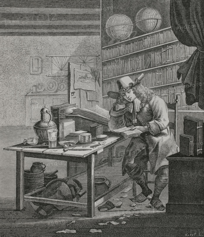 Student in his room. Engraving by Huyot after an anonymous Dutch artist, c. 1650. XVIIme siecle: lettres, sciences et arts, France 1590-1700 (17th century: letters, sciences and arts), by Paul Lacroix. Published in Paris by Librairie de Firmin-Didot et Cie, 1882.