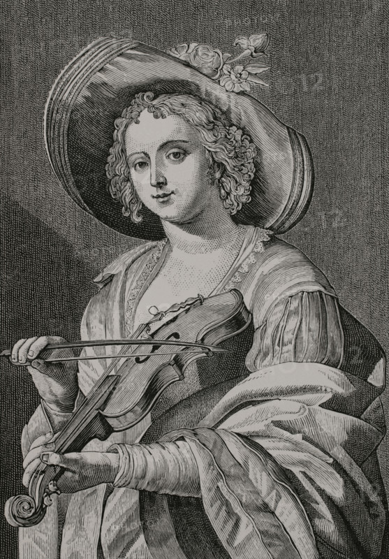 Woman playing the viola, after an engraving by Leblond, 17th century. France. XVIIme siecle: lettres, sciences et arts, France 1590-1700 (17th century: letters, sciences and arts), by Paul Lacroix. Published in Paris by Librairie de Firmin-Didot et Cie, 1882.