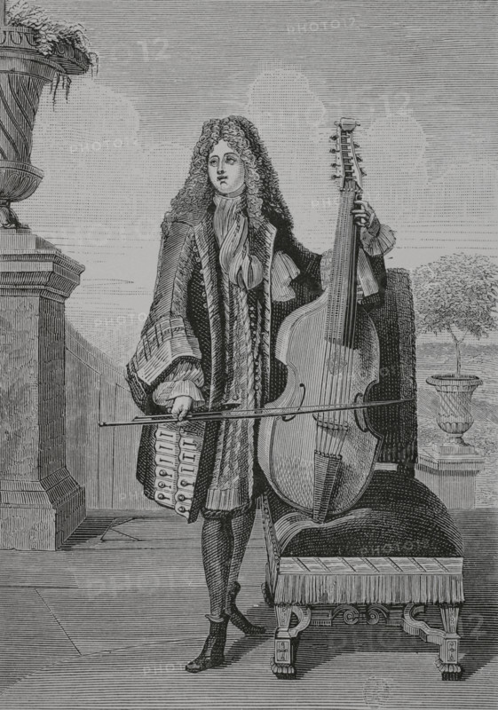 Gentleman playing the cello. Engraving by Jean Dieu de Saint-Jean (1654-1695), c. 1688. France. XVIIme siecle: lettres, sciences et arts, France 1590-1700 (17th century: letters, sciences and arts), by Paul Lacroix. Published in Paris by Librairie de Firmin-Didot et Cie, 1882.