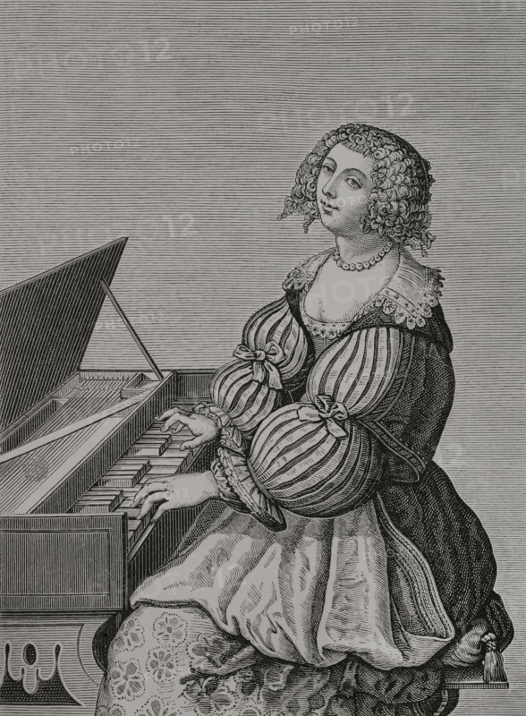 France. Woman playing the harpsichord, after an engraving by Leblond, 17th century. XVIIme siecle: lettres, sciences et arts, France 1590-1700 (17th century: letters, sciences and arts), by Paul Lacroix. Published in Paris by Librairie de Firmin-Didot et Cie, 1882.