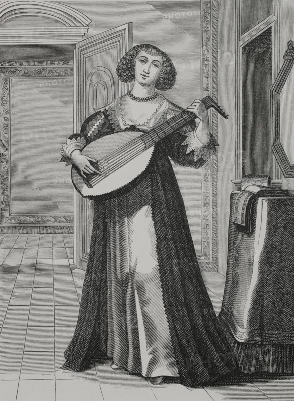 France, 17th century. Woman personifying hearing (auditus), playing the lute. Engraving by Abraham Bosse (c. 1604-1676). XVIIme siecle: lettres, sciences et arts, France 1590-1700 (17th century: letters, sciences and arts), by Paul Lacroix. Published in Paris by Librairie de Firmin-Didot et Cie, 1882.