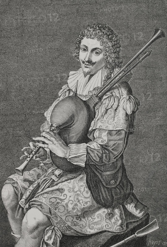 France, 17th century. Man playing the musette. Engraving by Huyot after Charles David (1600-1636) and Le Blond. XVIIme siecle: lettres, sciences et arts, France 1590-1700 (17th century: letters, sciences and arts), by Paul Lacroix. Published in Paris by Librairie de Firmin-Didot et Cie, 1882.