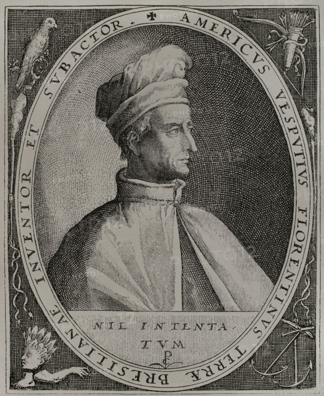 Amerigo Vespucci (1454-1512). Florentine merchant, explorer and navigator. In 1505, King Ferdinand the Catholic naturalised him as a subject of Castile. Portrait. Facsimile of an engraving by Crispin van der Passe the Elder (1564-1637), dated 1598. America. History of its discovery from primitive times to the modern era, written by Rodolfo Cronau. Volume II. Published in Barcelona, 1892.