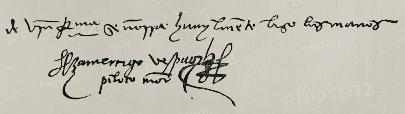 Amerigo Vespucci (1454-1512). Florentine merchant, explorer and navigator. In 1505, King Ferdinand the Catholic naturalised him as a subject of Castile. Signature of Amerigo Vespucci. Facsimile of a letter he sent to Cardinal Jimenez de Cisneros (Archbishop of Toledo, Spain), dated in Seville (Spain) on 9 December 1508. Vespucci expressed his opinion to Cisneros on the goods that should be taken to the Antilles. ""America. History of its discovery from primitive times to the modern era"", written by Rodolfo Cronau. Volume II. Published in Barcelona, 1892.