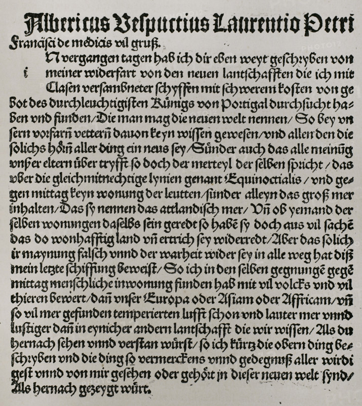 Amerigo Vespucci (1454-1512). Florentine merchant, explorer and navigator. Facsimile of a page from the German edition of the letter written by Amerigo Vespucci to Lorenzo di Pierfrancesco de' Medici (1463-1503), sent to Florence from Lisbon in 1502. In it, he related his third voyage (1501-1502), in which he entered the service of the Portuguese, whose expedition set sail on 10 May 1501. ""America. History of its discovery from primitive times to the modern era"", written by Rodolfo Cronau. Volume II. Published in Barcelona, 1892.