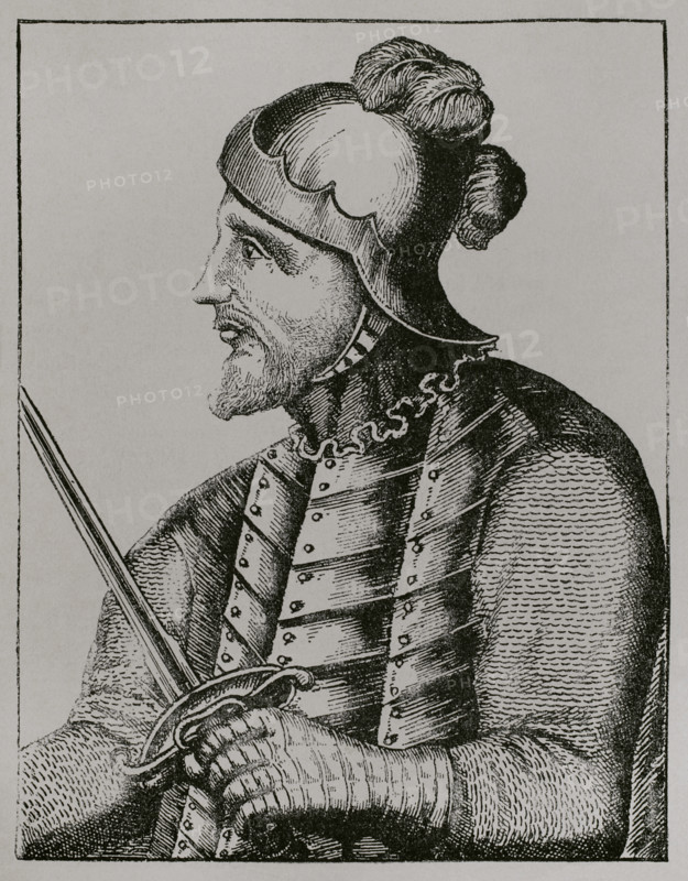 Vasco Nunez de Balboa (c. 1475-1519). Spanish explorer and conquistador. He discovered the Pacific Ocean in 1513. Portrait. Facsimile of an engraving in ""Historia General de los hechos de los castellanos en las Islas i tierra firme del mar oceano"", written by Antonio de Herrera y Tordesillas (1559-1625), printed in Madrid in 1601. ""America. History of its discovery from primitive times to the modern era"", written by Rodolfo Cronau. Volume II. Published in Barcelona, 1892.