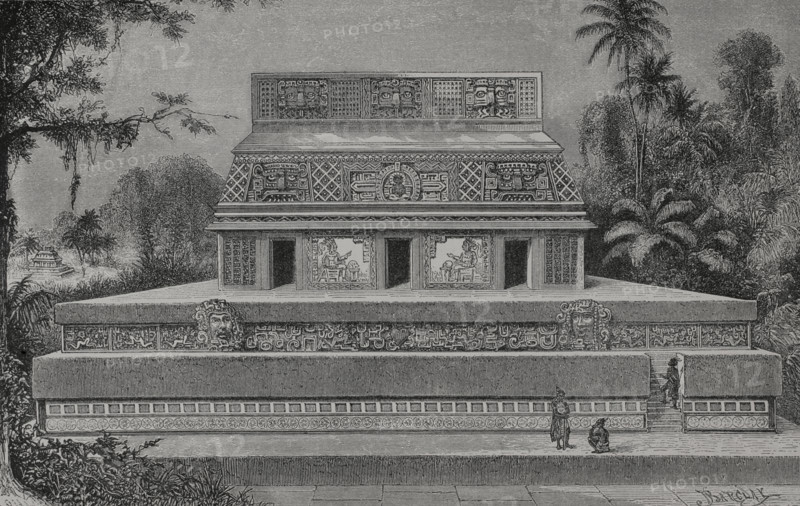 Ruins of a Mayan temple. Engraving based on a photograph taken by French archaeologist and photographer Desire Charnay (1828-1915). ""America. History of its discovery from primitive times to the modern era"", written by Rodolfo Cronau. Volume II. Published in Barcelona, 1892.