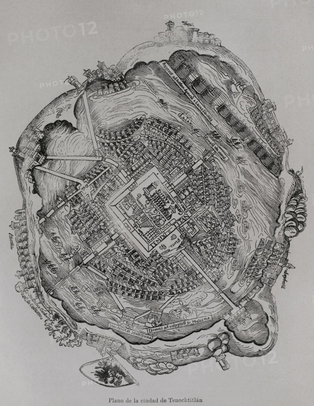 Map of the city of Tenochtitlan, Mexico. Facsimile of a woodcut from ""Second relation letter from Hernan Cortes to emperor Charles V"", dated 30 October 1520. In it, he described his journeys to New Spain and the conquest of Mexico. It was published in Nuremberg in 1524, in the Latin edition of the letters, entitled ""Praeclara Ferdinadi Cortesii de nova maris oceani Hyspania narratio"". ""America. History of its discovery from primitive times to the modern era"", written by Rodolfo Cronau. Volume II. Published in Barcelona, 1892.