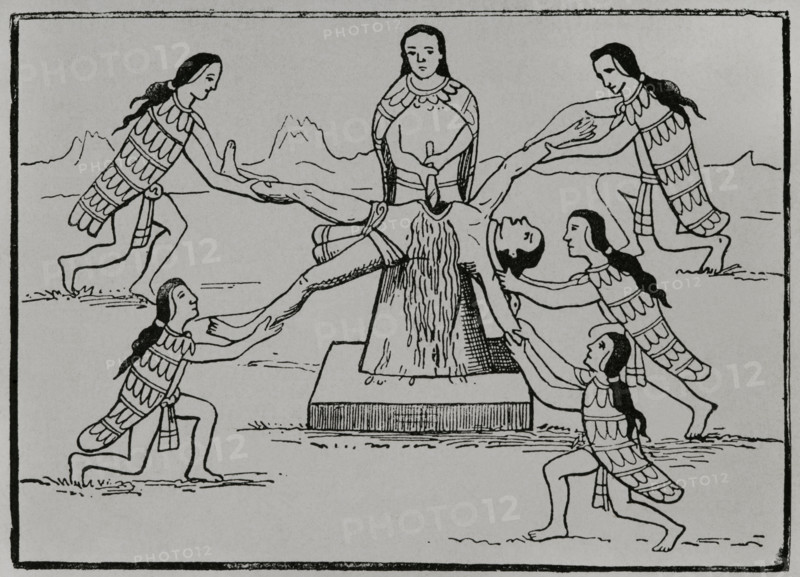 Aztec sacrifice. 19th-century engraving based on an Aztec codex. ""America. History of its discovery from primitive times to the modern era"", written by Rodolfo Cronau. Volume II. Published in Barcelona, 1892.