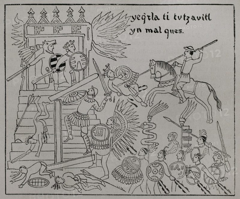 Conquest of Mexico (1519-1521). Storming of the Teocalli (Great Temple) of Tenochtitlan. The Spaniards and their Tlaxcalans allies attacking the Aztec temple. Engraving based on a detail from the codex known as the Lienzo de Tlaxcala, c. 1552. ""America. History of its discovery from primitive times to the modern era"", written by Rodolfo Cronau. Volume II. Published in Barcelona, 1892.