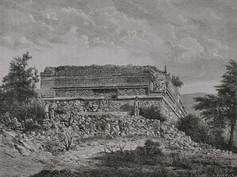 Mitla. Archaeological site of the Zapotec culture. San Pablo Villa de Mitla, state of Oaxaca, Mexico. Ruins of a building. Drawing by Alexandre de Bar (1821-1914). Engraving by E. Meunier.