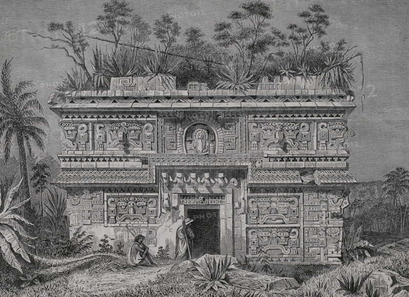 The Nun's House (La Casa de las Monjas). Chichen Itza, State of Yucatan, Chichen Itza, Mexico. Engraving. America. History of its discovery from primitive times to the modern era, written by Rodolfo Cronau. Volume II. Published in Barcelona, 1892.